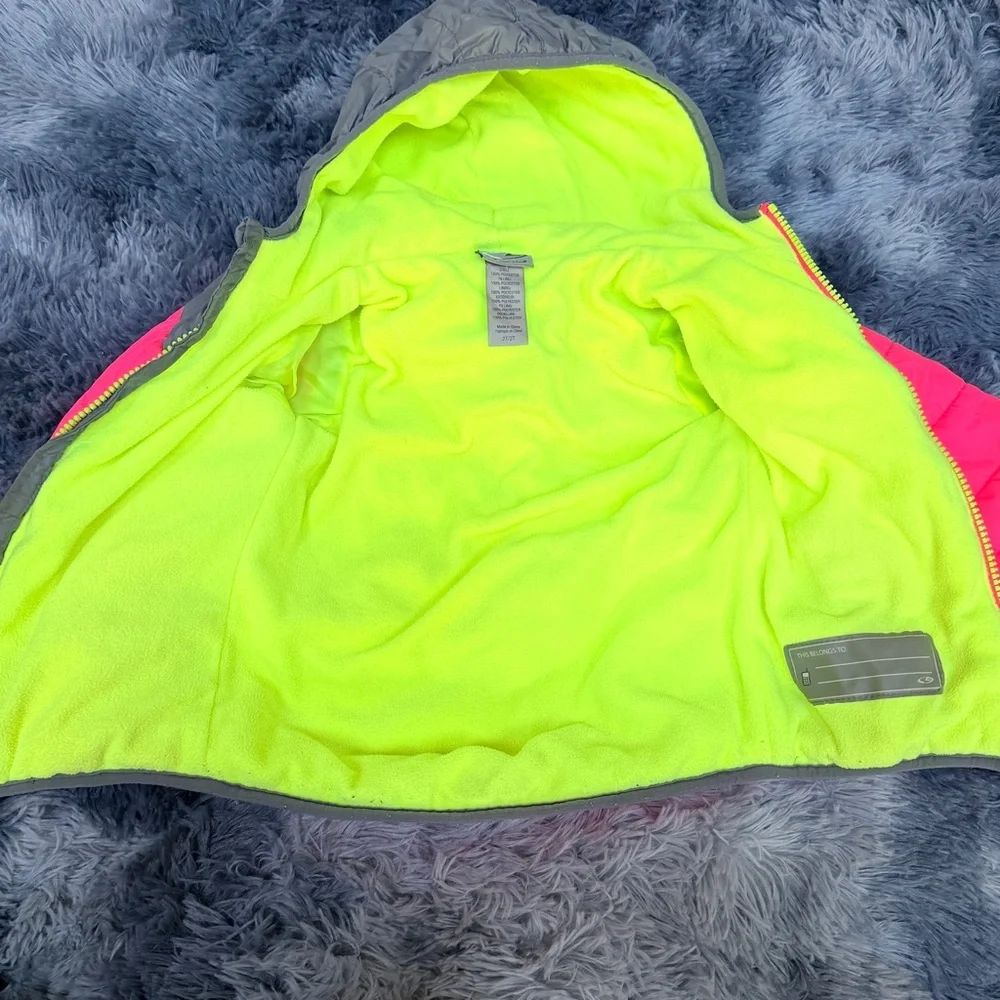 Champion Kids Bright Pink & Gray Puffer Jacket with Neon Yellow Lining 2T girls